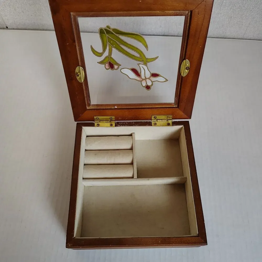 Wood Glass Top Jewelry Box Stained Glass Floral Ring Display Trinket Box